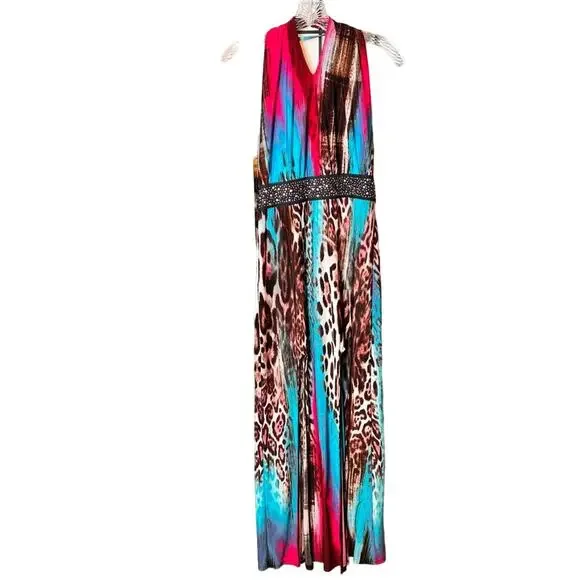 Venus Halter Beaded Leopard Print Maxi Dress - Picture 2 of 11